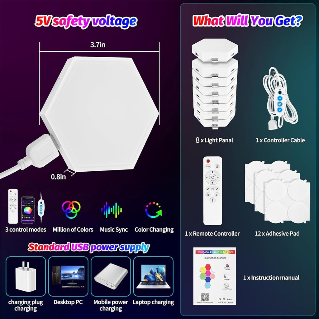 8 Pack DIY Hexagon LED Lights, Music Sync RGB Gaming Lights with APP Smart Wall Lights for Bedroom Living Room Decor