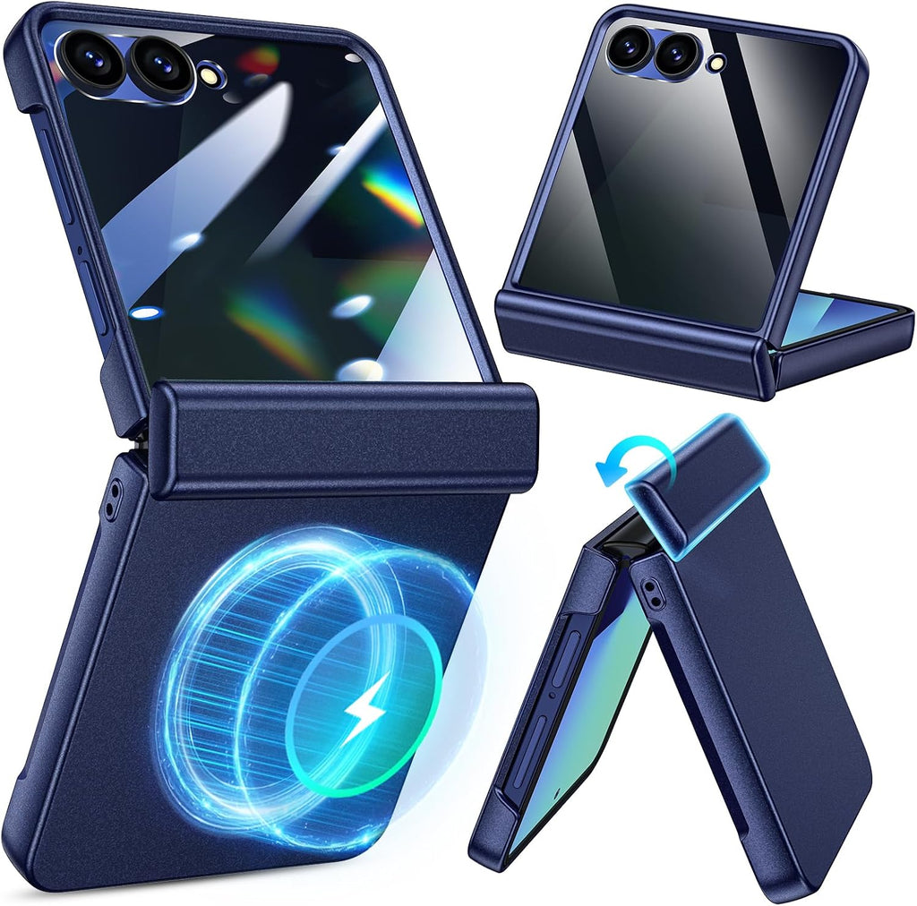 For Samsung Galaxy Z Flip 7 5G Case with Privacy Screen Protector, Blue | Compatible with Magsafe & Wireless Charging, Hinge Protection Hard PC Anti-Scratches Shockproof Phone Cover for Flip7