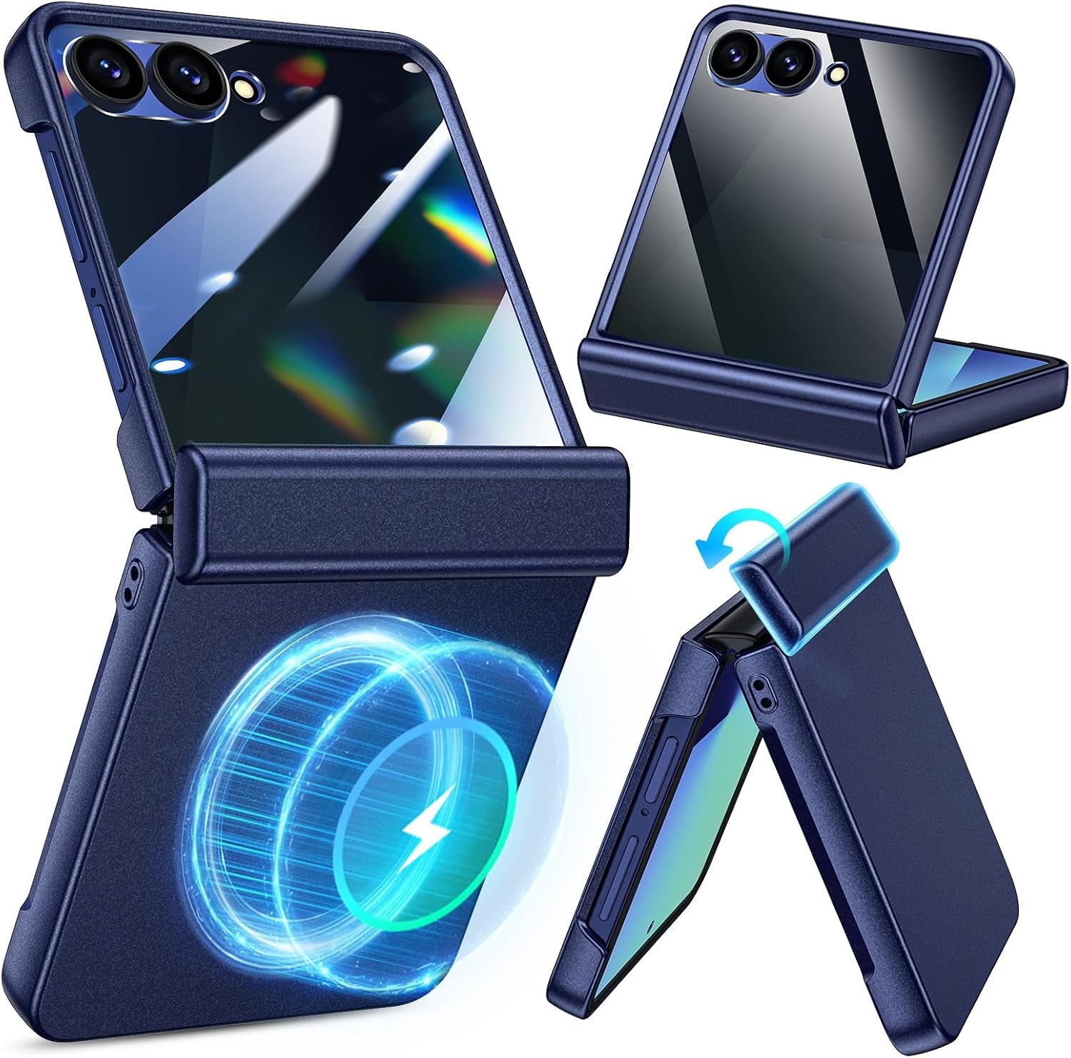 For Samsung Galaxy Z Flip 7 5G Case with Privacy Screen Protector, Blue | Compatible with Magsafe & Wireless Charging, Hinge Protection Hard PC Anti-Scratches Shockproof Phone Cover for Flip7