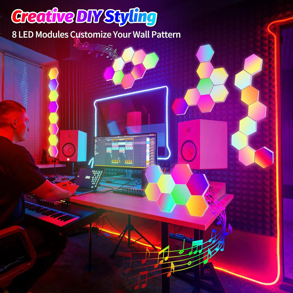 8 Pack DIY Hexagon LED Lights, Music Sync RGB Gaming Lights with APP Smart Wall Lights for Bedroom Living Room Decor