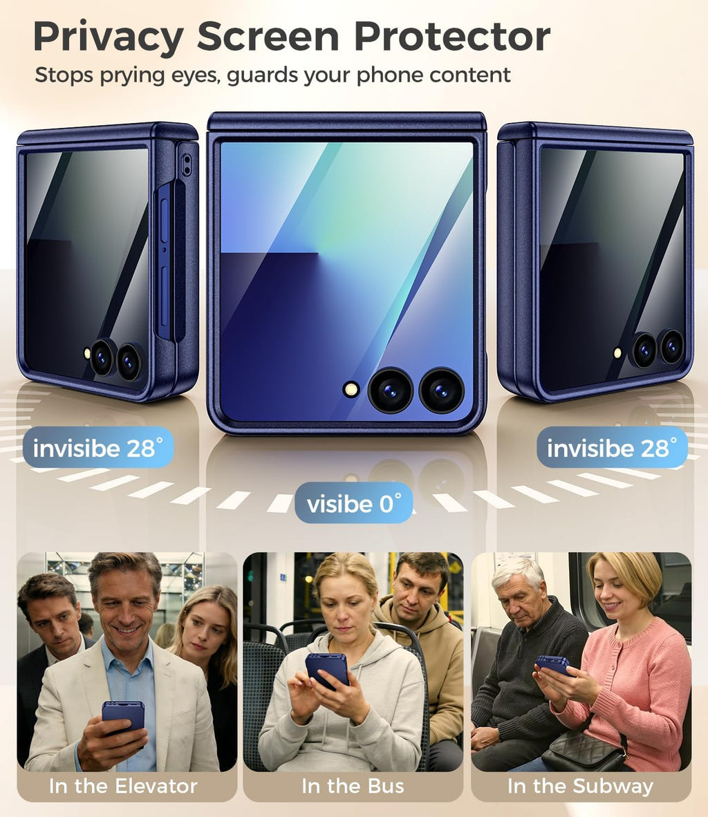 For Samsung Galaxy Z Flip 7 5G Case with Privacy Screen Protector, Blue | Compatible with Magsafe & Wireless Charging, Hinge Protection Hard PC Anti-Scratches Shockproof Phone Cover for Flip7