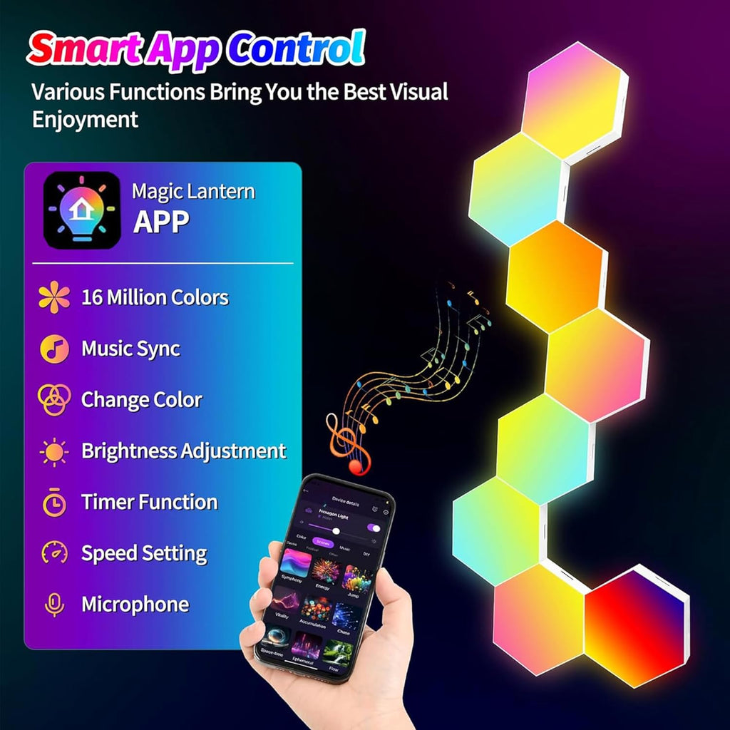8 Pack DIY Hexagon LED Lights, Music Sync RGB Gaming Lights with APP Smart Wall Lights for Bedroom Living Room Decor
